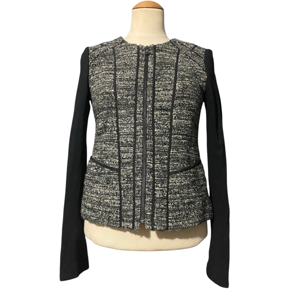 Ann Taylor Wool Blend Tweed Front Zip Jacket Blazer Gray Black Size 0
